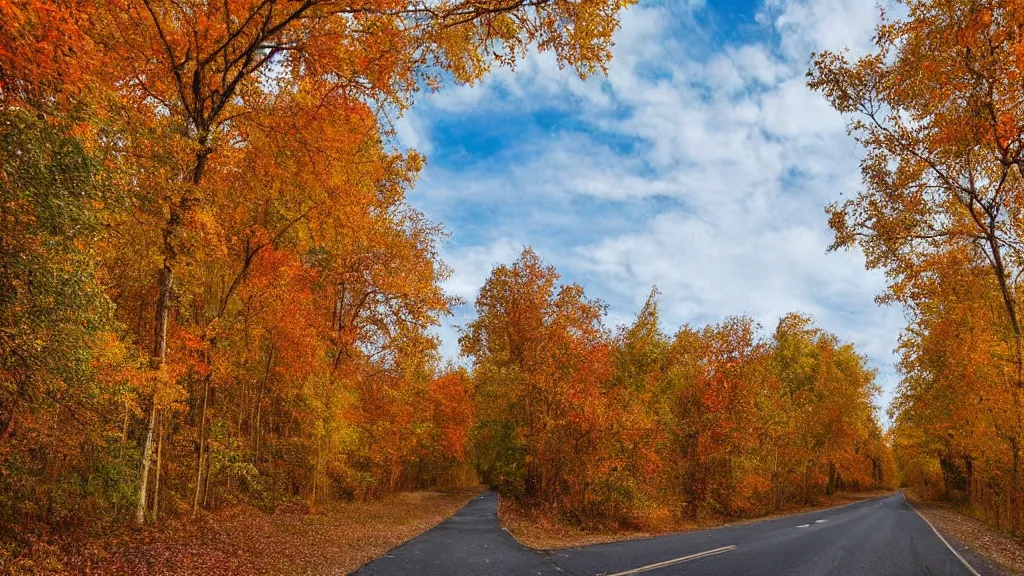 Image similar to a realistic photograph of a country road lined on both sides by maple and poplar trees, in the autumn, red orange and yellow leaves, some leaves have fallen and are under the trees and on the!!!! road