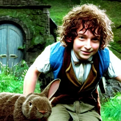 Image similar to a british lad as Bartook a teen hobbit with short curly dark brown hair wearing a blue vest with a white sash standing next to a giant rabbit, high resolution film still, movie by Peter Jackson