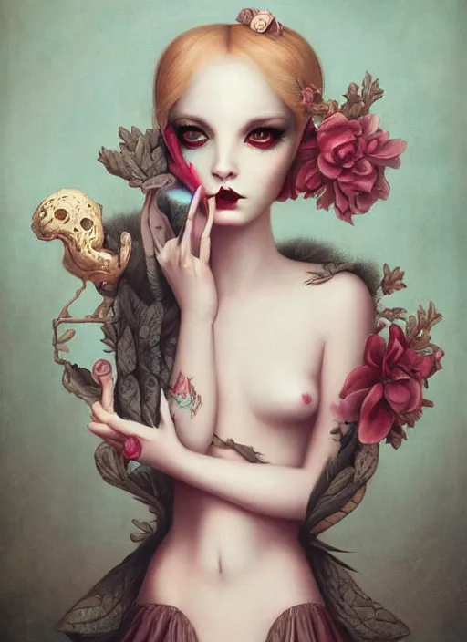 Image similar to pop surrealism, lowbrow art, realistic cute seductive female painting, romantic gown, hyper realism, muted colours, rococo, serafleur, natalie shau tom bagshaw, mark ryden, trevor brown style,