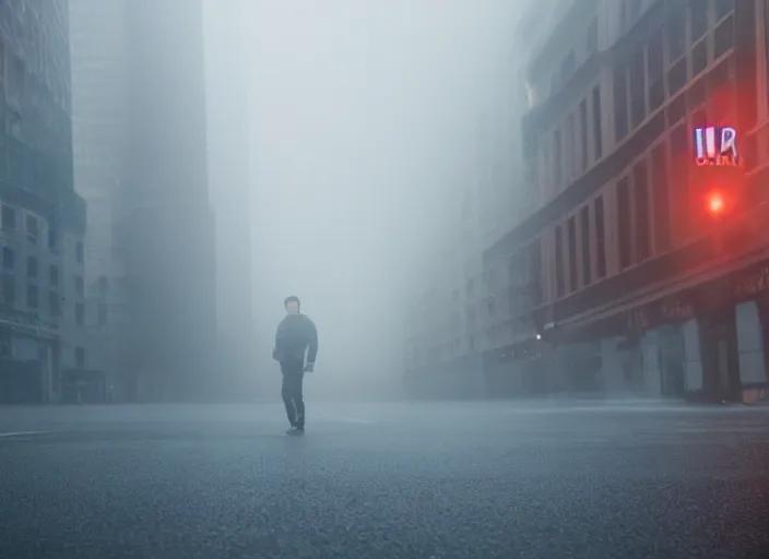 Prompt: film footage of giant michael j. fox in a foggy city, eerie, monster movie, 8 k, 8 5 mm f 1. 8, studio lighting, rim light, right side key light