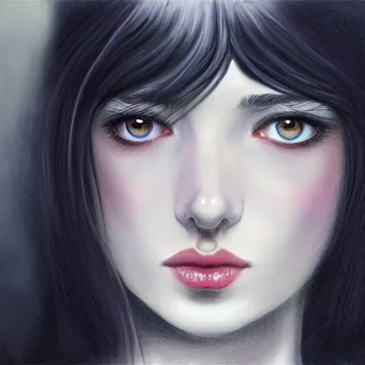 Image similar to english teenage girl with black hair, china blue eyes, pale glowing skin, beautiful sinister features, no makeup, elegant fashion model, young kate bush, wuthering heights, fantasy, intricate, elegant, dress shirt and tie, highly detailed, digital painting, artstation, concept art, smooth, sharp focus, illustration, art by Krenz Cushart and Artem Demura and alphonse mucha