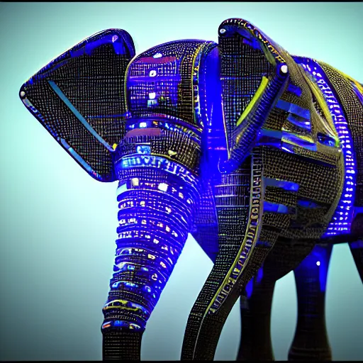 Prompt: hyper realistic cybertronic elephant. high details. complex mechanical body. blue led. cyberpunk style, intricate, trending on art station, 8 k render.