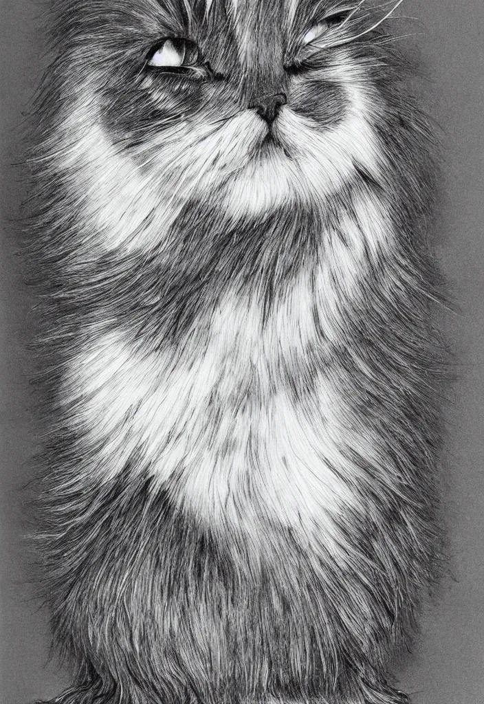 Prompt: longhair floof fluffy coiffed groom elegant gorgeously champion cute pretty scottish fold, radiant line art pen and ink and paint, grisaille dark monochrome with neon fluorescent color airbrush spraypaint accents, by jules julien, wes anderson, lisa frank