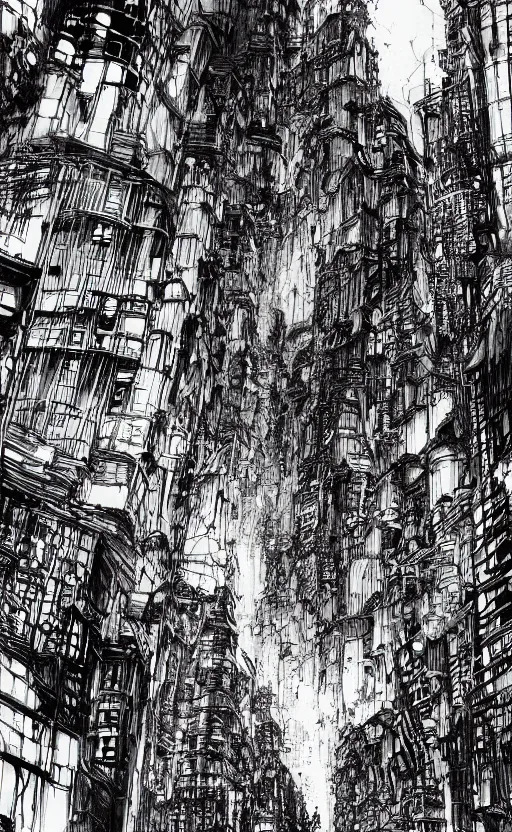 Image similar to dense city scene by tsutomu nihei, inked, minute details, desolation, hyper realistic, cosmic horror, biomechanical, beautiful
