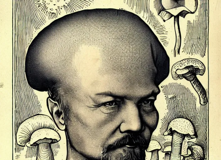 Image similar to Lenin mushroom head!!!, made by Wenceslas Hollar and Ernst Haeckel in vintage Victorian England colourised print style with saturated colours