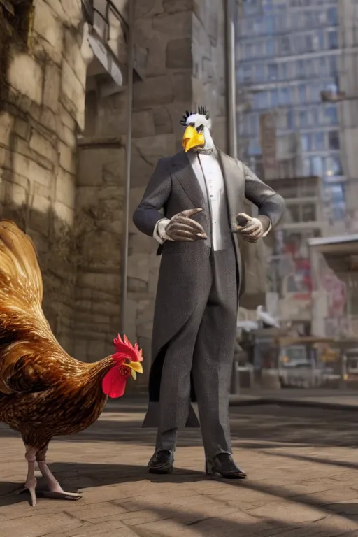 Image similar to a chicken wearing a formal overcoat, hyperrealistic, concept art, octane render, unreal engine 5, trending on artstation, high quality, highly detailed, 8 k, soft lighting, path traced, high coherence, digital art, beautiful, elegant clothes, trending on deviantart, masterpiece