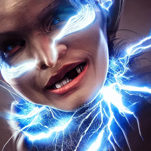 Image similar to photography of a hyper realistic highly detailed stunning expressive humanoid creature, controls complex and highly detailed blue lightning strikes as a super power. professionnal digital art, artstatiom, stuning, intricate, complex, unreal engine 5.