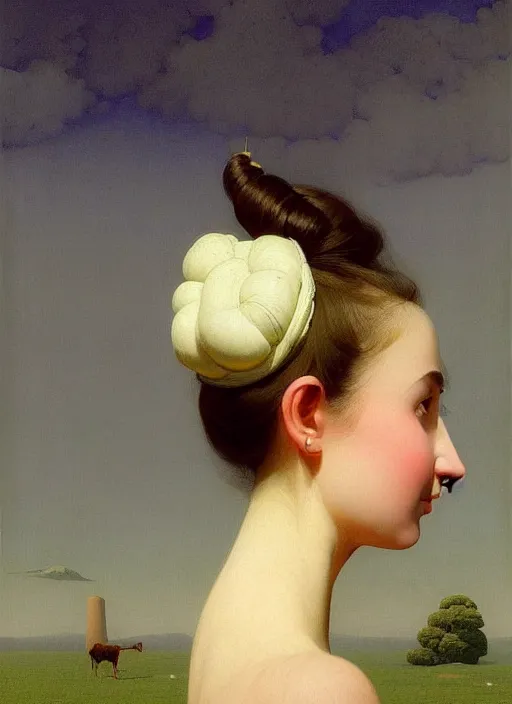 Prompt: hyper detailed 3 d render like a oil painting - cute portrait of a brunette called emma, italian looks, looking at camera, symmetrical face, long brunette hair, with a smiling cow looking over her shoulder by ryden, kawase hasui, dorothea tanning, edward hopper and james gilleard, aivazovsky, beksinski, outram, artstation