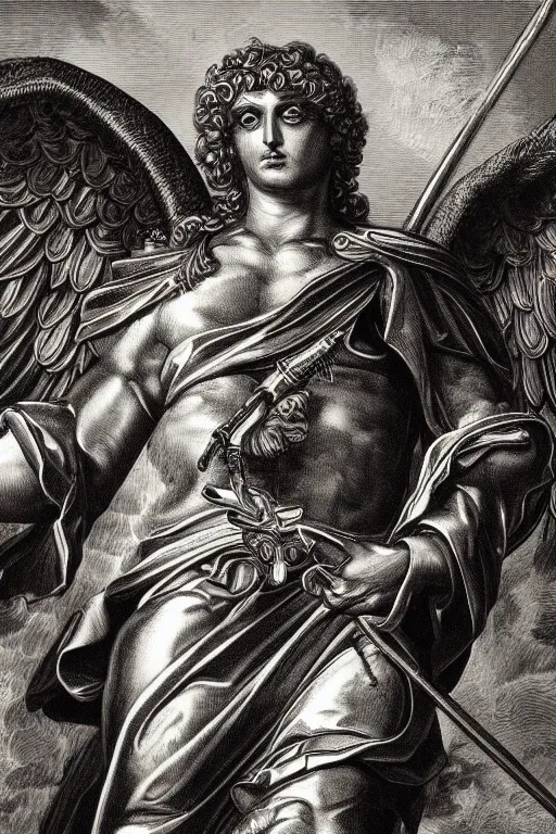 A copper engraving of archangel michael, fierce, | Stable Diffusion ...