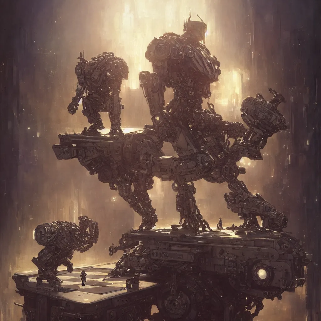 Image similar to cyborg chess pawn on chess board, studio shot, by gaston bussiere, anna nikonova aka newmilky, greg rutkowski, yoji shinkawa, yoshitaka amano, tsutomu nihei, muira, moebius, donato giancola, trending on artstation, featured on pixiv