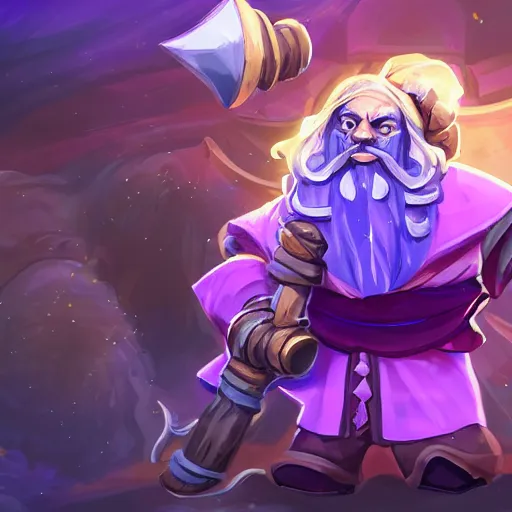 Prompt: dwarf alchemist carrying a staff with purple energy radiating from it, tomes and scrolls on his back, ling white beard, in the style of league of legends