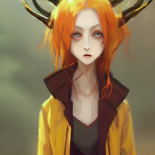 Image similar to a pale redheaded demoness with yellow eyes and horns wearing a jacket, highly detailed, digital painting, artstation, matte, by makoto shinkai, animation style