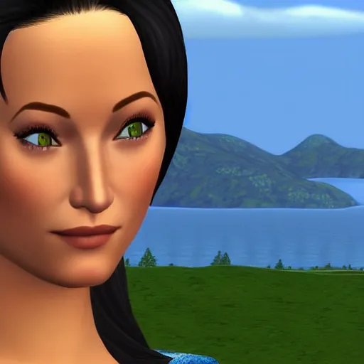 Image similar to the sims 2. a in - game closeup of olivia wilde.