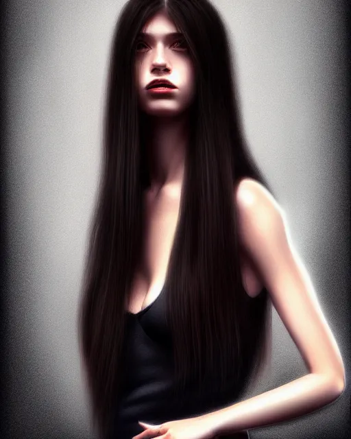 Prompt: portait of a woman with long dark hair, highly detailed, digital painting, cinematic, hyper realism, dark retrowave, art by Yoshitoshe ABe