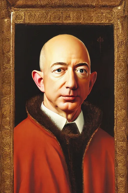 Image similar to portrait of jeff bezos!!! oil painting by jan van eyck, northern renaissance art, oil on canvas, wet - on - wet technique, realistic, expressive emotions, intricate textures, illusionistic detail