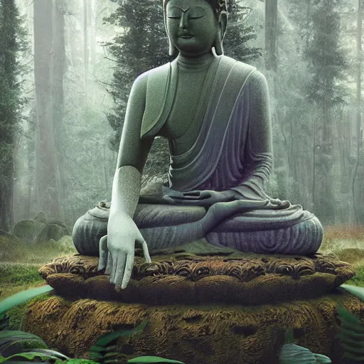 Image similar to a buddha statue sitting in the middle of a forest, cyberpunk art by Mike Winkelmann, trending on cgsociety, metaphysical painting, tesseract, mystical ::
