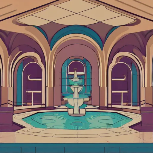 Image similar to art deco illustration of a mall atrium with a fountain in the center, in pastel colors