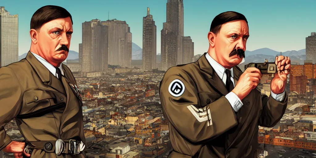 Prompt: adolph hitler in gta v, cover art by stephen bliss, boxart, loading screen, 8 k resolution