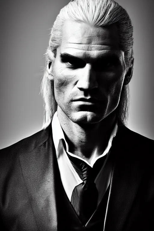 Image similar to portrait of geralt of rivia wearing an elegant tuxedo, 5 5 mm lens, professional photograph, black and white, elegant, serious, stern look