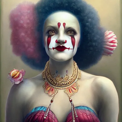 Image similar to artstyle by Tom Bagshaw, ultra realist soft painting of a curiosities carnival, single beautiful female clown with a big smile in a long dress, symmetry accurate features, very intricate details, focus, curvy, award winning