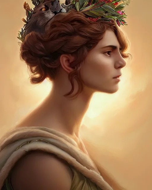 Image similar to a laurel wreath on a head of fluffy caracal, photography of kurzgesagt, deep focus, d & d, intricate, elegant, highly detailed, digital painting, artstation, concept art, matte, sharp focus, illustration, hearthstone, art by artgerm and greg rutkowski and alphonse mucha