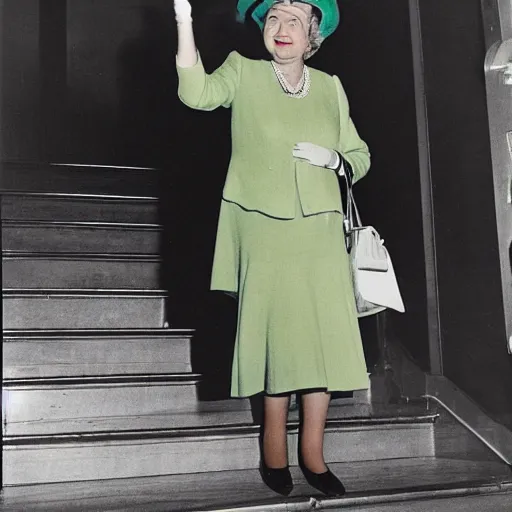 Image similar to a medium full shot, vintage historical fantasy 1 9 3 0 s kodachrome slide german and eastern european mix of a photographic portrait of the queen attending a royal tour. she is shown descending a staircase from a luxurious plane, waving to the crowd below. she is donning a pencil skirt and peplum jacket in a green skirt suit.