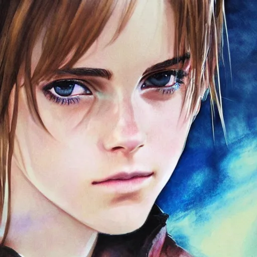 Prompt: portrait of emma watson final fantasy vii water - color painting by amano yoshitaka ultra realistic highlyz detailed sharp focus cinematic light