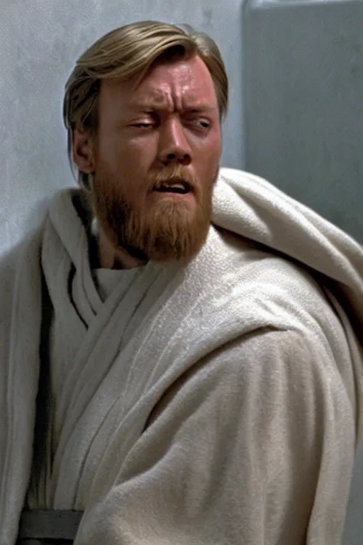 Image similar to Obi-Wan crying with a look of anguish on the toilet after realising there's no more toilet paper