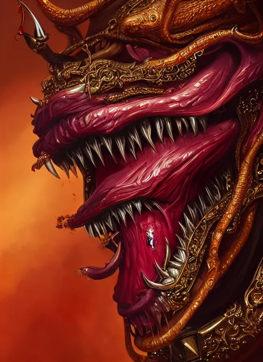 Image similar to incubus sticking out tongue with blood, realistic, surealism, lavish, steep, aesthetic, extravagant, shiny, fantasy, intricate, elegant, extremely higly detailed, digital painting, artstation, ornate, grotesque, baroque, concept art, smooth, sharp focus, by joongwon charles jeong and diego fazio