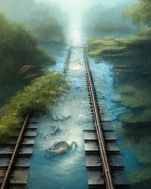 Prompt: train tracks stretching out toward the horzon that are slightly submerged under a wide pool of water, intricate, elegant, highly detailed, digital painting, artstation, concept art, smooth, sharp focus, illustration, art by artgerm and greg rutkowski and fra angelico