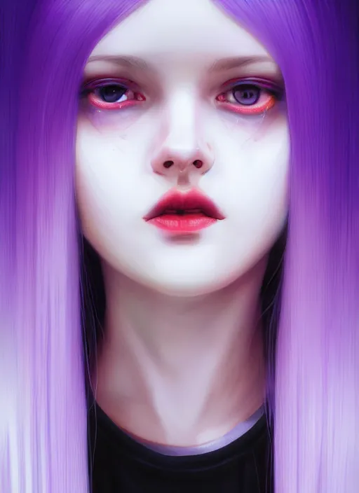 Image similar to hair whitebangs hair, black hair, whitebangs, portrait of teenage girl with white bangs, red irises, purple clothes, white bangs, bangs are different color from hair, intricate, elegant, glowing lights, highly detailed, digital painting, artstation, concept art, smooth, sharp focus, illustration, art by wlop, mars ravelo and greg rutkowski