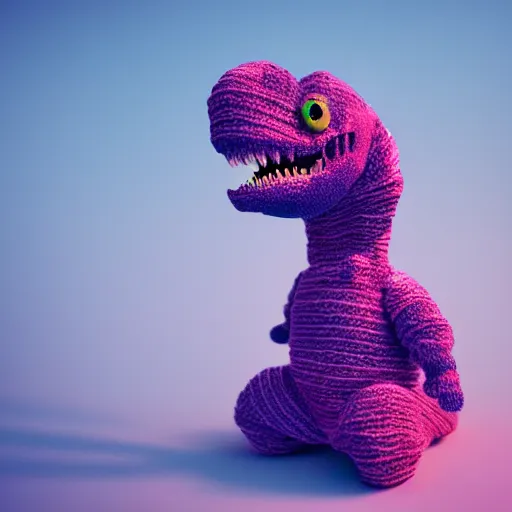 Image similar to super cute dinosaur made out of sweaters and yarn octane rendering vivid cinematic lighting 4 k