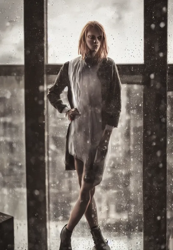 Image similar to cute model annie leonhart posing in dunwall city building roof, beautiful face, detailed face, realistic eyes, cinematic lighting, rainy weather, melancholy atmosphere, volumetric light, gothic architecture, realistic reflections, model agency, instagram photo, depression atmosphere, shot on nikon d 8 5 0 camera, beauty filter, postprocessing