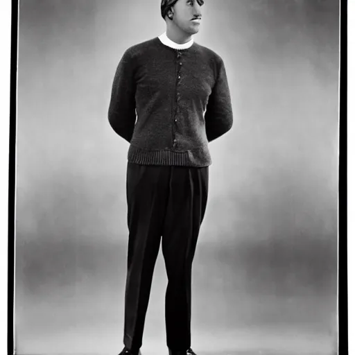 Image similar to a black and white photo of a man in a sweater, a colorized photo by george bogart, tumblr, art deco, handsome, 1 9 2 0 s, studio portrait