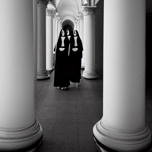 Prompt: nightmare vision, depth of field. black and white, award winning photo of smiling levitating twin nuns, wearing translucent sheet, Mary in a sanctuary, mirror hallways, eerie, tall columns, faces emerging from columns, frightening, highly detailed 8k —width 1024 —height 1024