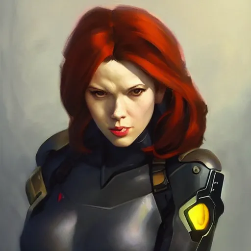 Image similar to greg manchess portrait painting of black widow as overwatch character, medium shot, asymmetrical, profile picture, organic painting, sunny day, matte painting, bold shapes, hard edges, street art, trending on artstation, by huang guangjian and gil elvgren and sachin teng