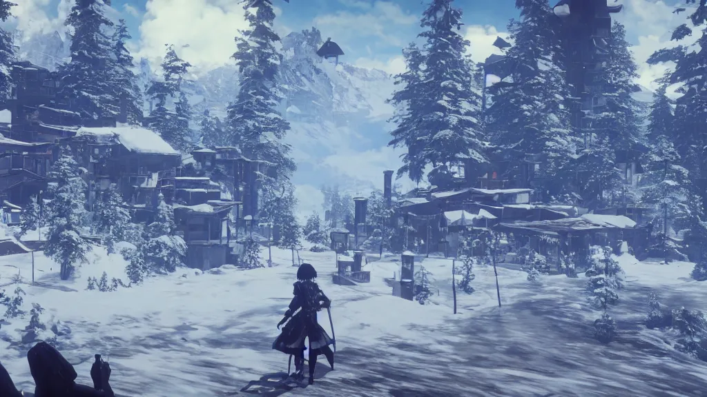 Prompt: Screenshot from Nier Automata, beautiful landscape at a ski resort