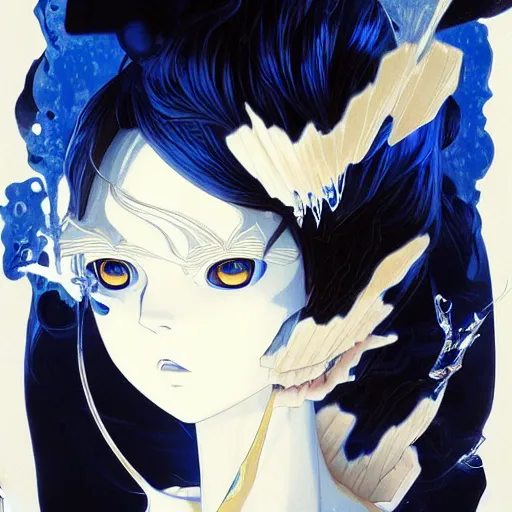 Image similar to prompt : ivory and blue and black portrait soft light painted by james jean and katsuhiro otomo and erik jones, inspired by evangeleon anime, smooth face feature, intricate oil painting, high detail illustration, sharp high detail, manga and anime 1 9 9 9