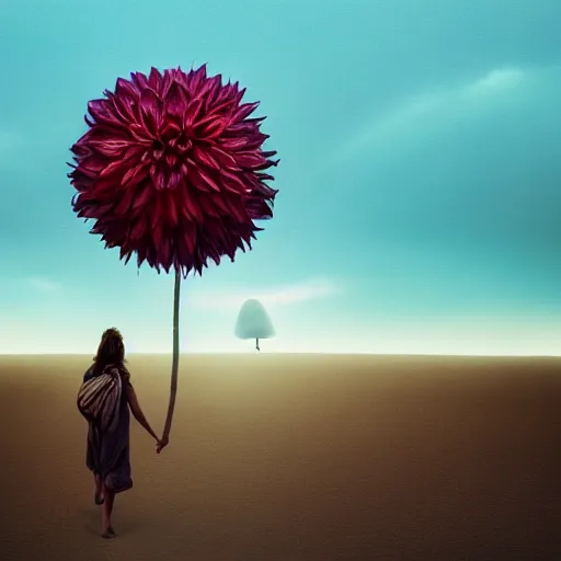 Prompt: closeup giant dahlia flower over head, girl walking between dunes, surreal photography, sunrise, blue sky, dramatic light, impressionist painting, digital painting, artstation, simon stalenhag