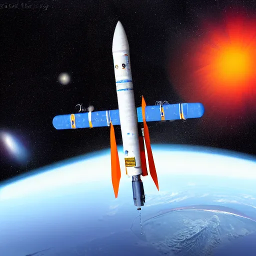 Image similar to Blue Ariane 6 in space, Orange planet, digital art, highly detailed