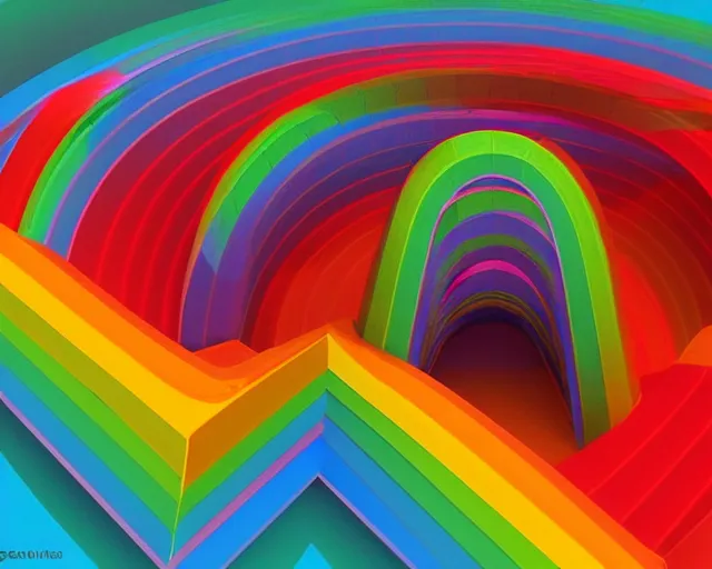 Image similar to isometric 3 d surrealist rainbow, frequencies divided as sacred geometry 3 d shapes, very surreal, by dali
