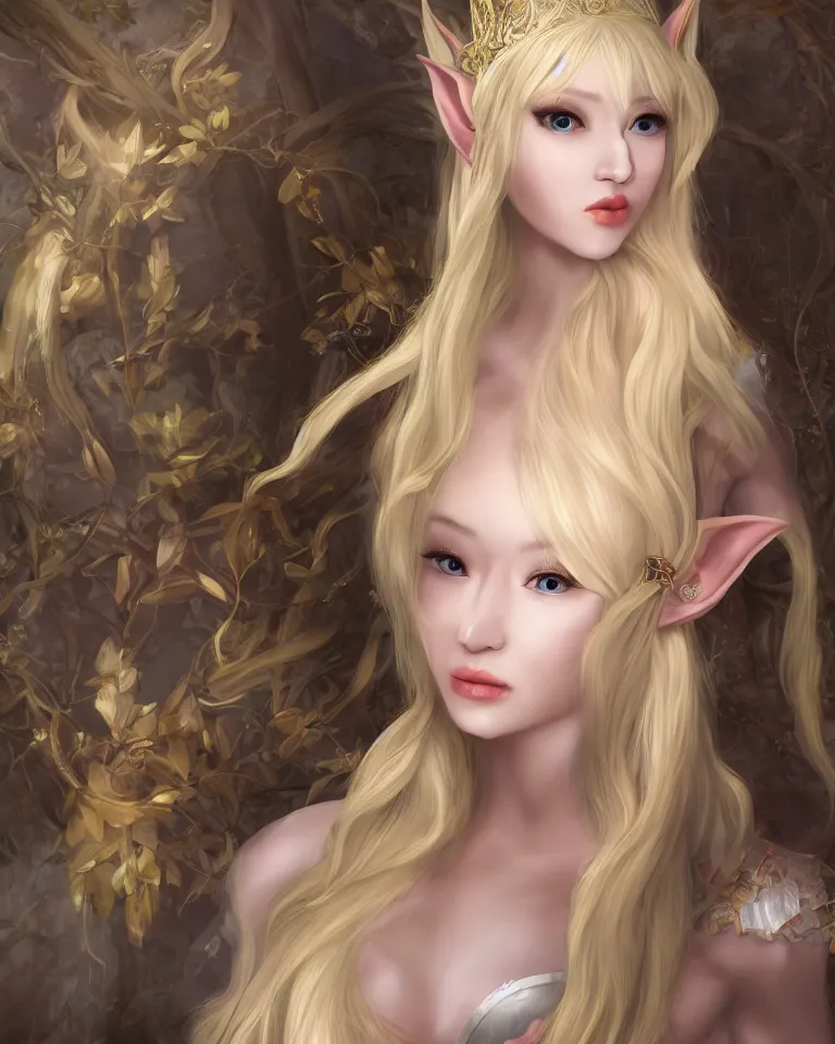 Image similar to blonde half - elf woman, rococo, sakimichan, 4 k