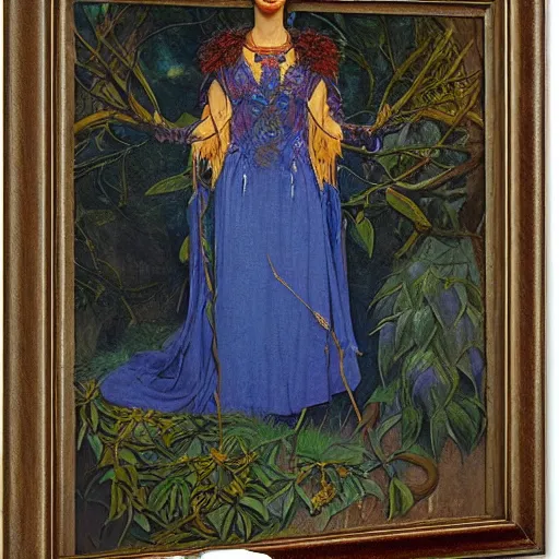 Image similar to portrait of the queen of the forest in full regalia, by Annie Swynnerton and Diego Rivera and Tino Rodriguez and Maxfield Parrish and Nicholas Roerich, elaborately costumed, rich color, dramatic cinematic lighting, extremely detailed