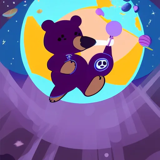 Image similar to cartoon illustration of a bear mascot being launched from a futuristic marble planet, purple and orange cloudland