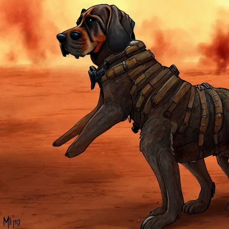 Image similar to a good ol'floppy - eared bloodhound pup fursona ( from the furry fandom ), heavily armed and armored facing down armageddon in a dark and gritty version from the makers of mad max : fury road. witness me.