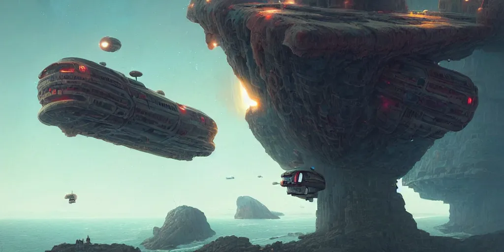 Prompt: An ancient crashlanded spaceship hanging dangerously on the edge of a cliff, about to fall, detailed digital matte painting by Greg Rutkowski and Simon Stalenhag