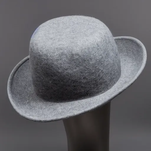 Prompt: a brimless, grey felt hat with a brim in the shape of a crown