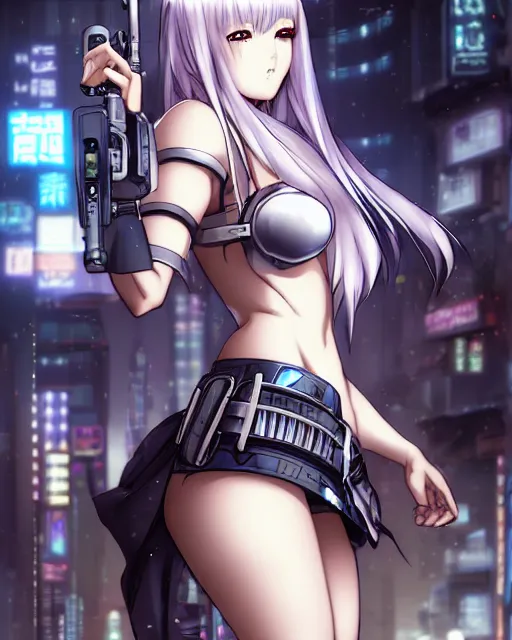 Image similar to The successful warrior is the average man, with laser-like focus, artwork by artgerm, anime style art, art by Masamune Shirow, cyberpunk streets in Japan, elegant, seductive, long white hair, knee high socks, extra short blue plaid skirt, white blouse, army boots, high fantasy, CGsociety, full length, exquisite detail, post-processing, low angle, masterpiece, mystical, magical