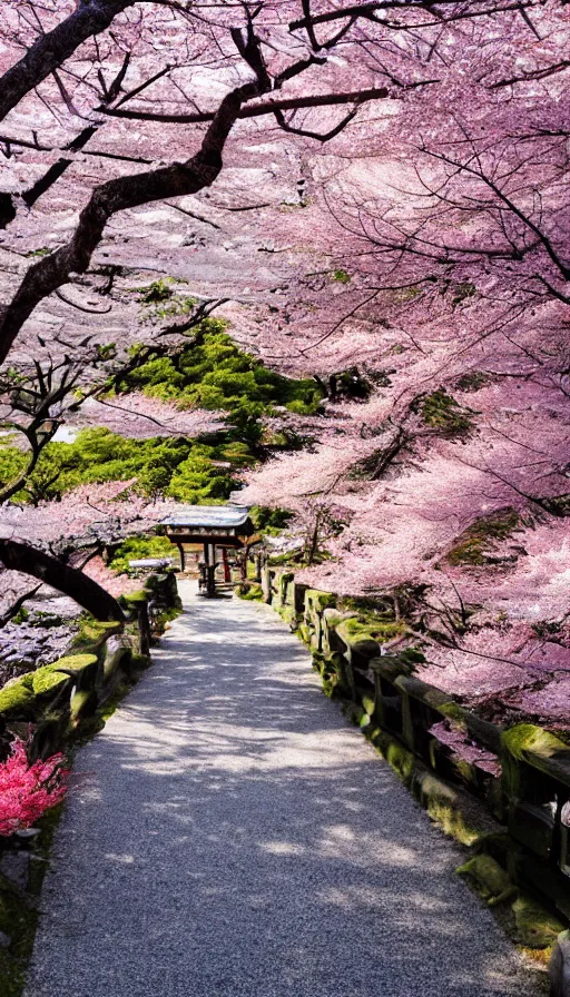 Prompt: a shinto shrine path atop a mountain,spring,cherry trees,beautiful,nature,distant shot,random angle