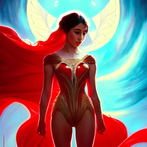 Prompt: julia barretto as darna, volumetric lights, red and cyan theme, art nouveau botanicals, intricate, highly detailed, digital painting, artstation, concept art, smooth, sharp focus, cinematic, illustration, beautiful face, art by artgerm and greg rutkowski and alphonse mucha